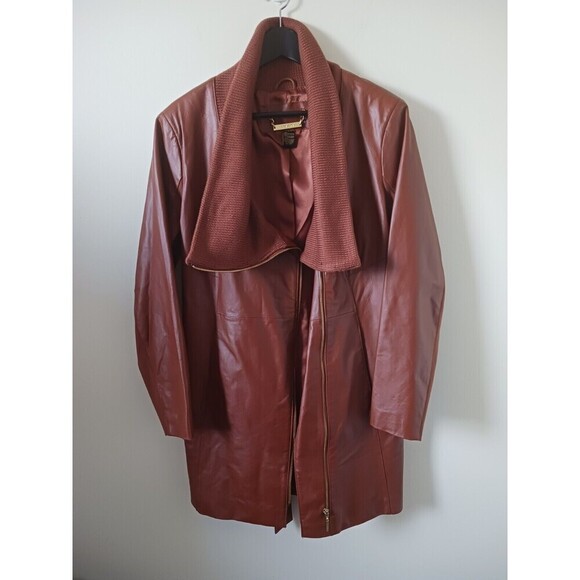 Vtg Iman Leather Jacket Trench Coat Asymmetrical Y2K Camel Size XL - Picture 2 of 9